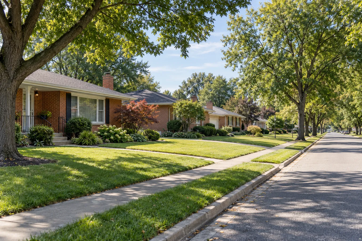 Illustrative Ohio residential street with brick homes and trees